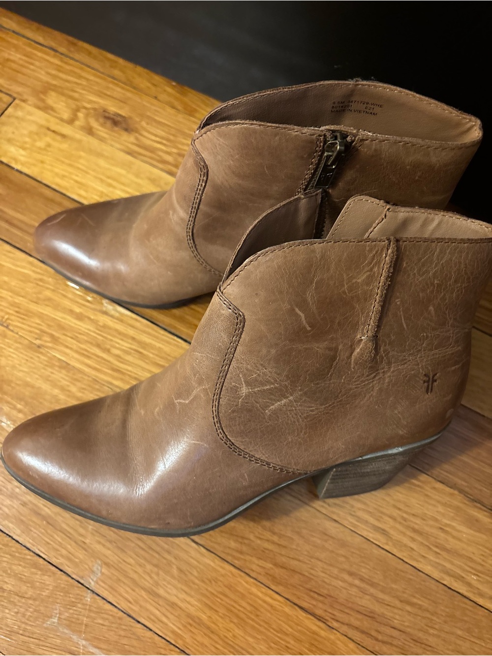 Frye Chestnut Brown Leather Pointed Ankle Booties